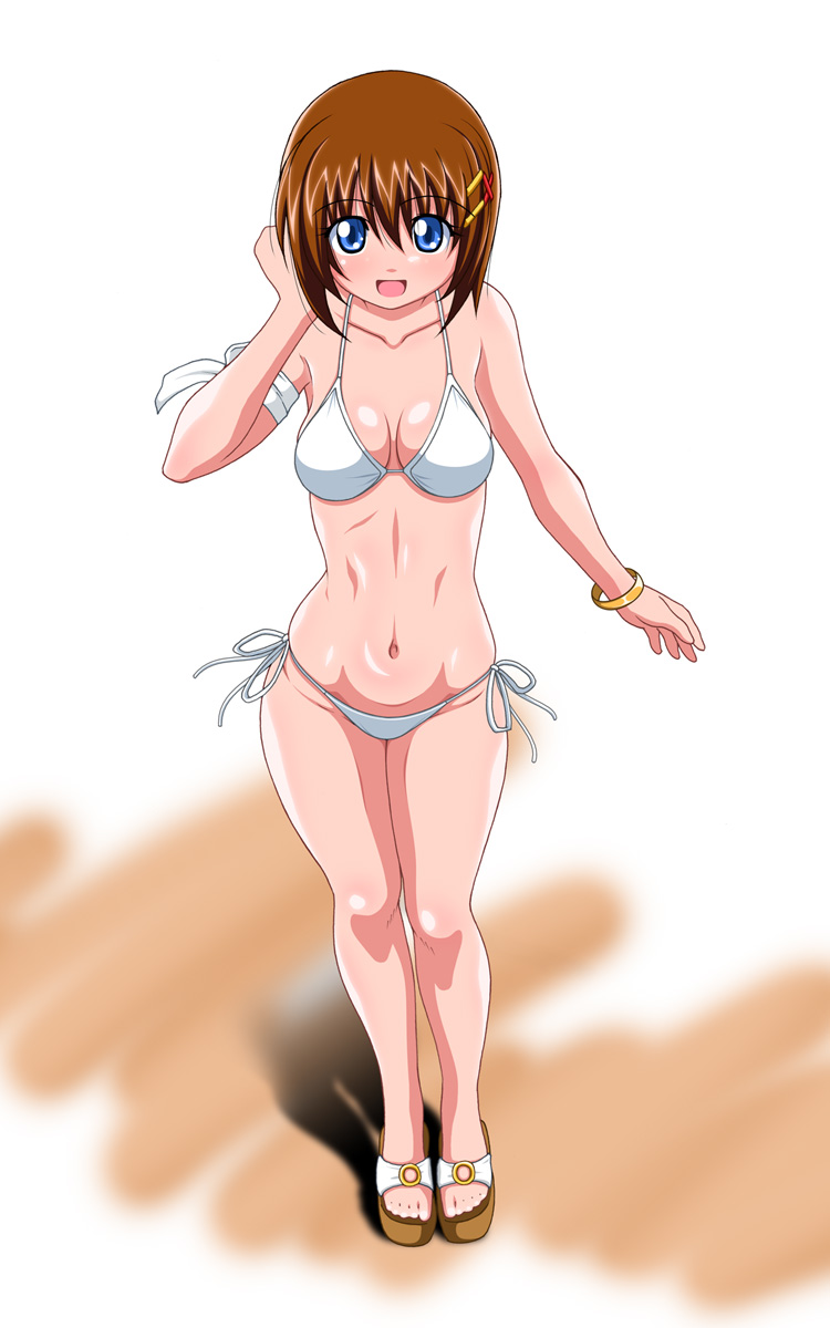 1girl, armband, bikini, blue_eyes, bracelet, breasts, brown_hair, cleavage