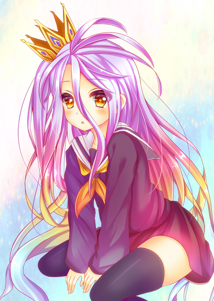 1girl, between_legs, black_serafuku, crown, expressionless, gradient_hair, hand_between_legs, long_hair