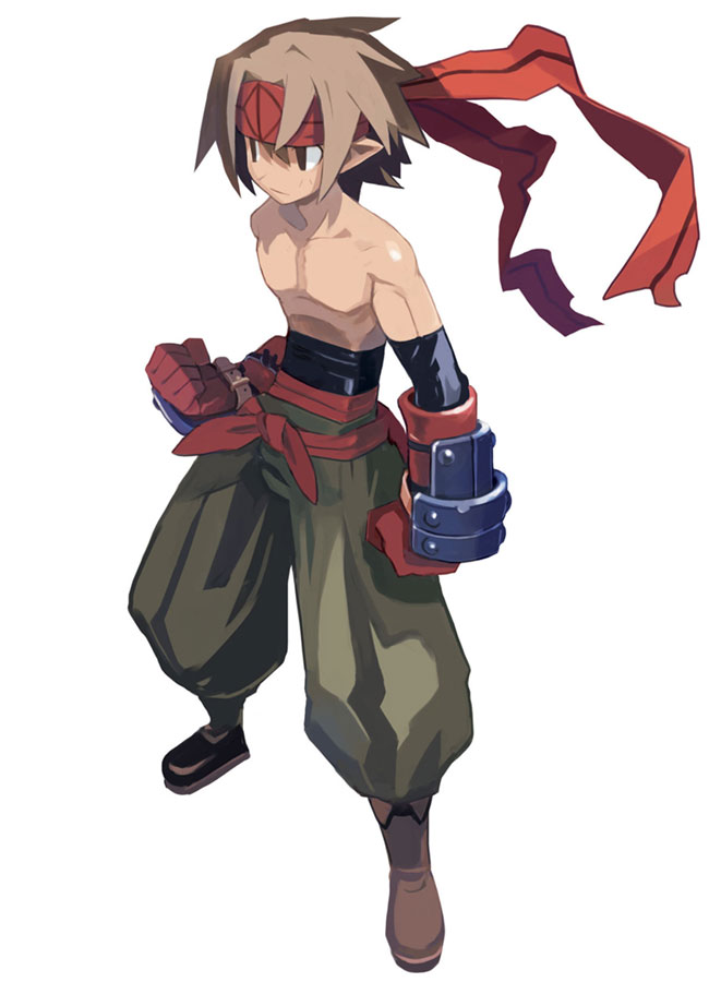 1boy, brown_hair, clenched_hand, disgaea, expressionless, gloves, harada_takehito, headband