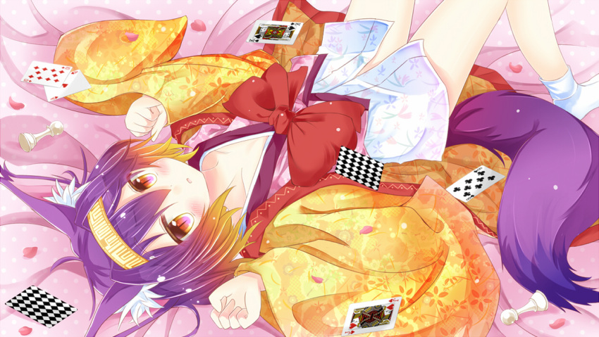 1girl, ace, ace_of_hearts, animal_ears, bed_sheet, bow, card, chess_piece