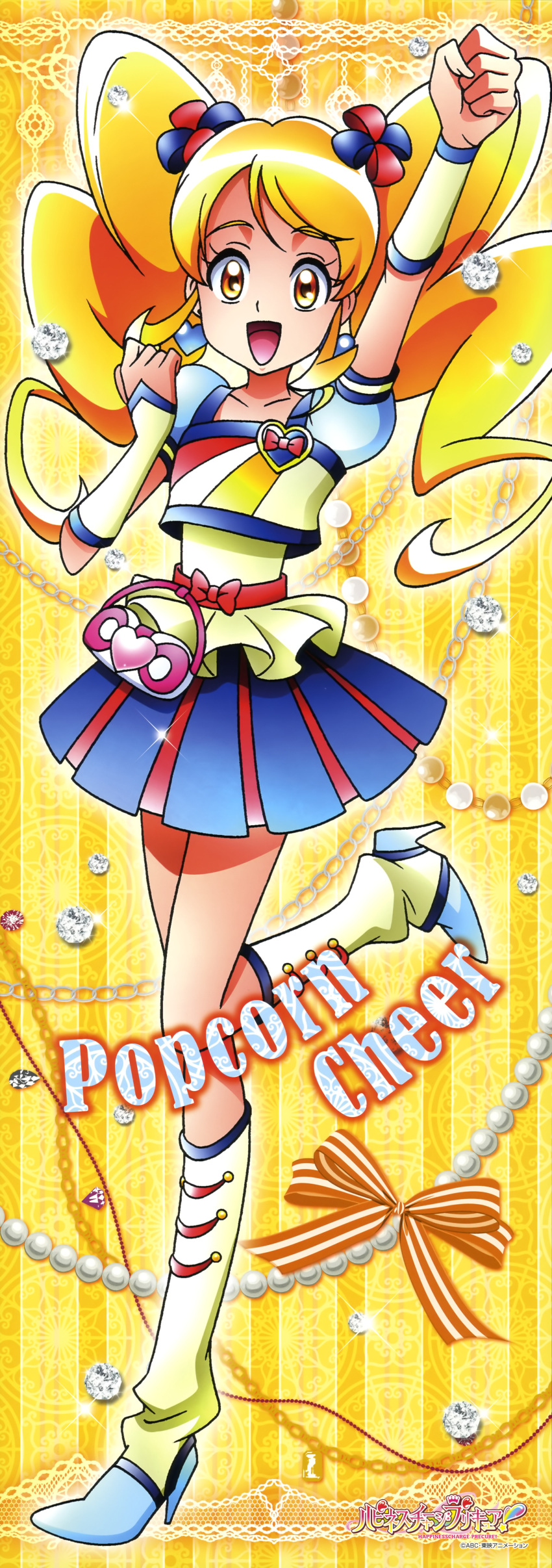 1girl, :d, absurdres, alternate_form, blonde_hair, blue_skirt, boots, cheerleader, cure_honey, earrings, female, hair_ornament, hairpin, happinesscharge_precure!, high_heels, highres, jewelry, knee_boots, long_hair, magical_girl, multiple_girls, official_art, oomori_yuuko, open_mouth, payot, popcorn_cheer, precure, puffy_sleeves, satou_masayuki, skirt, smile, solo, twintails, wrist_cuffs, yellow_eyes