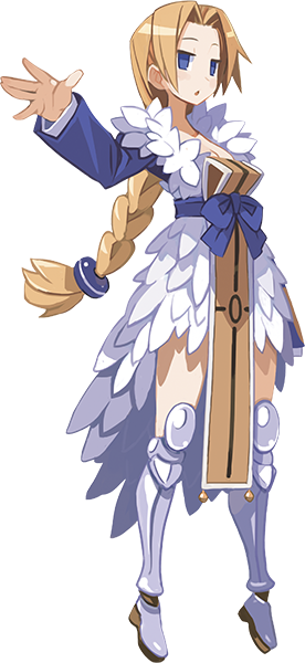 1girl, armor, armored_dress, blonde_hair, blue_eyes, boots, bow, braid, disgaea, dress, female_angel_(disgaea), flat_gaze, greaves, harada_takehito, knee_boots, long_hair, official_art, solo, tabard, white_dress