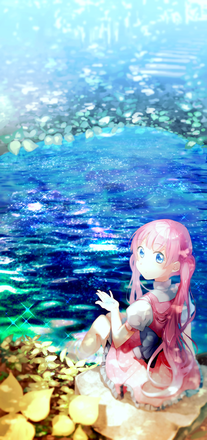 1girl, absurdres, blue_eyes, dress, feet_in_water, highres, long_hair, looking_back