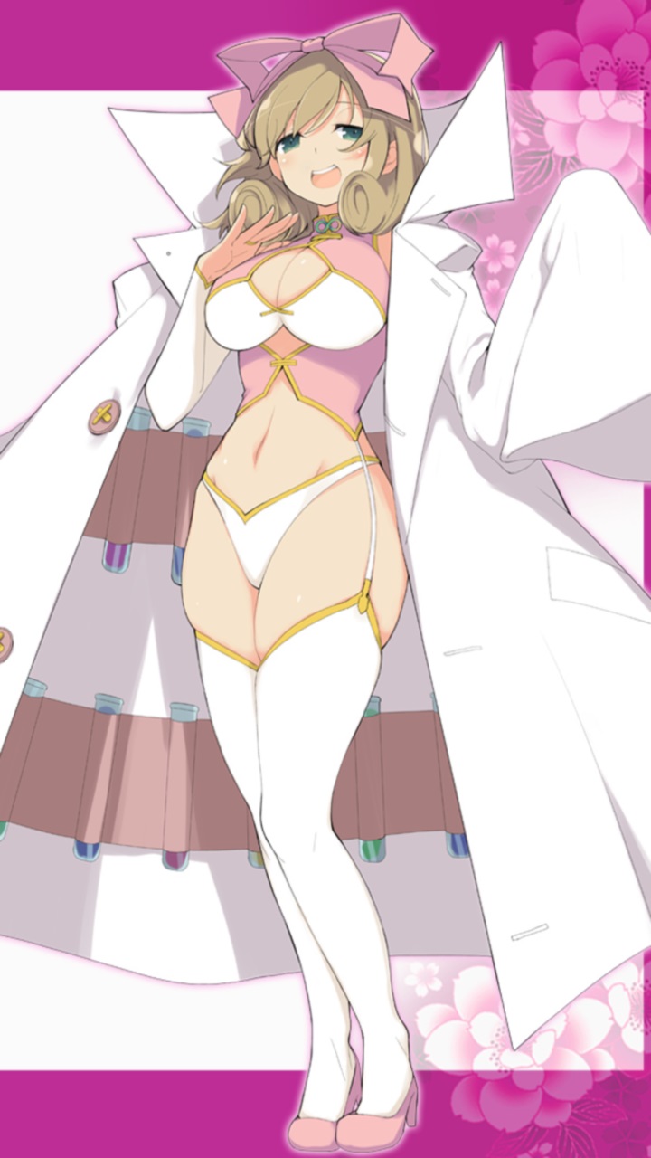 1girl, bow, breasts, brown_hair, cleavage_cutout, curly_hair, green_eyes, hair_bow, haruka_(senran_kagura), high_heels, highres, labcoat, navel, open_mouth, senran_kagura, senran_kagura_(series), short_hair, solo, standing, test_tube, thigh-highs