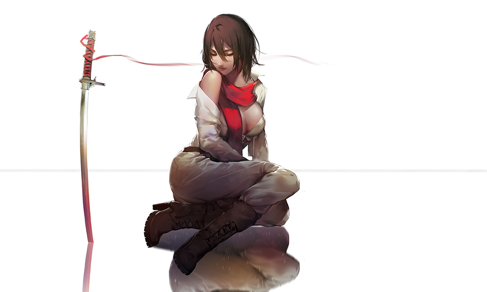 1girl, black_hair, cleavage_cutout, gamma_(geoffrey), katana, mikasa_ackerman, open_clothes, open_shirt