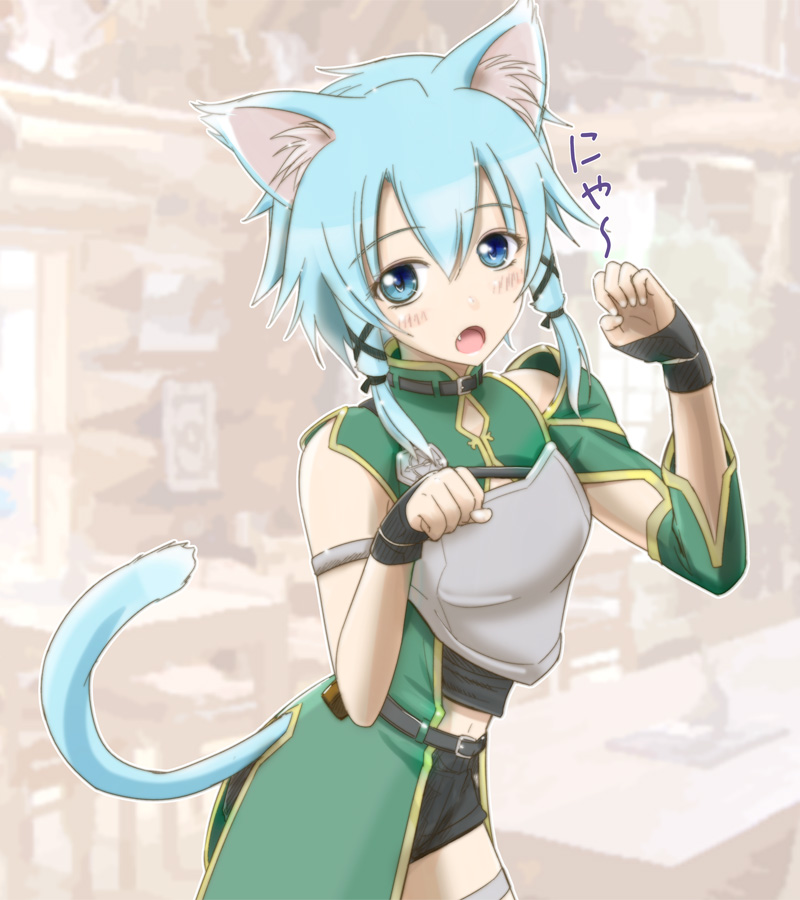 1girl, animal_ears, aqua_eyes, aqua_hair, breastplate, cat_ears, paw_pose, shinon_(sao)