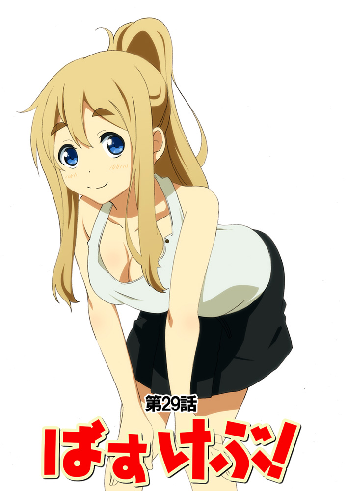 1girl, blonde_hair, blue_eyes, breasts, casual, cleavage, hiro_23_kura, k-on!, kotobuki_tsumugi, long_hair, ponytail