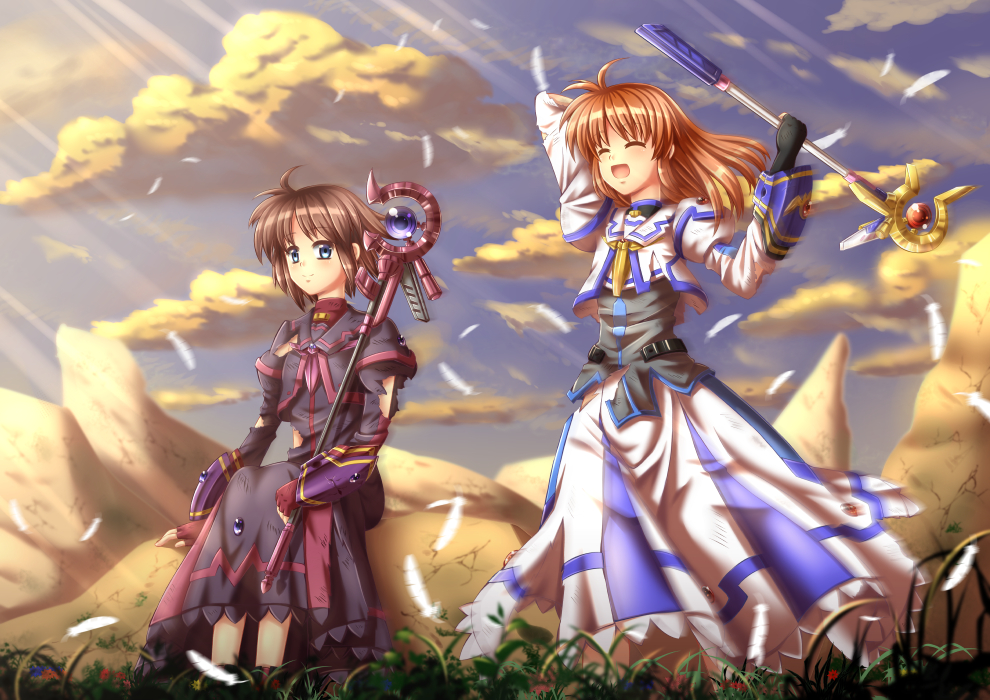 blue_eyes, brown_hair, closed_eyes, divinebuster12, feathers, luciferion, lyrical_nanoha, mahou_shoujo_lyrical_nanoha, mahou_shoujo_lyrical_nanoha_a's, mahou_shoujo_lyrical_nanoha_a's_portable:_the_battle_of_aces, mahou_shoujo_madoka_magica, mahou_shoujo_madoka_magica_movie, material-s, raising_heart, smile, takamachi_nanoha, torn_clothes