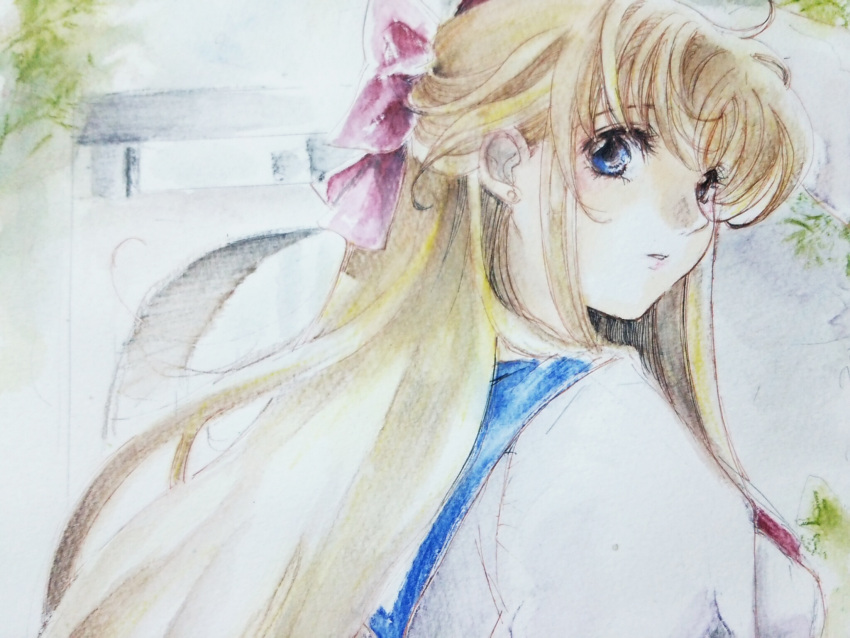 1girl, aino_minako, blonde_hair, blue_eyes, bow, bust, earrings, from_behind, graphite_(medium), hair_bow, highres, jewelry, long_hair, looking_at_viewer, looking_back, nijinohouseki, school_uniform, serafuku, sketch, solo, traditional_media, watercolor_(medium)