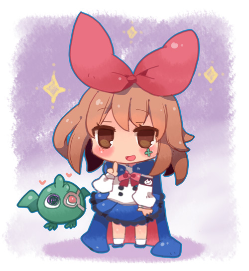 1girl, blue_skirt, blush, bow, brown_eyes, brown_hair, cape, chibi