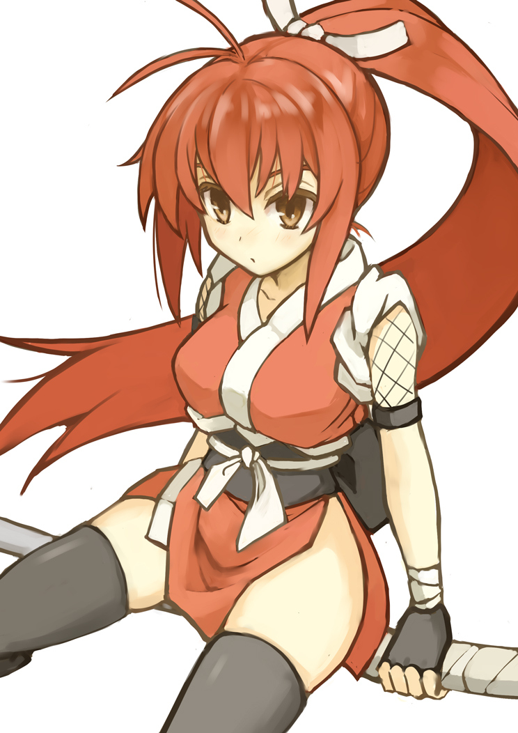 1girl, breasts, female, fingerless_gloves, gloves, ichi_hachi_rei_rei, japanese_clothes, large_breasts, long_hair, ninja, obi, orange_hair, original, ponytail, redhead, sash, simple_background, solo, thigh-highs, weapon, white_background, zettai_ryouiki