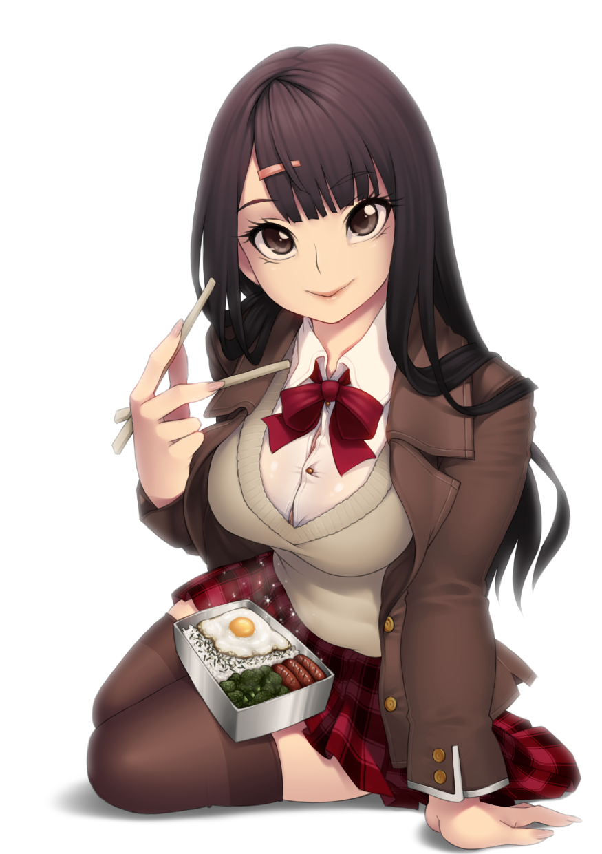 1girl, arm_support, bangs, blazer, breasts, broccoli, brown_eyes, brown_hair, chopsticks, fried_egg, hair_ornament, hairclip, highres, large_breasts, obentou, original, plaid, plaid_skirt, rice, rico_(game00985), sausage, school_uniform, sitting, skirt, smile, sweater_vest, thigh-highs, yokozuwari, zettai_ryouiki