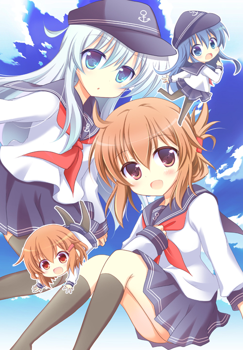 4girls, akatsuki_(kantai_collection), black_legwear, blue_eyes, blue_hair, blue_sky, brown_eyes, brown_hair