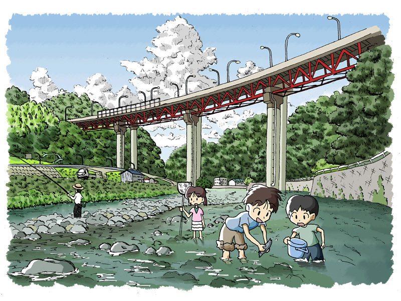 1girl, 3boys, black_hair, bridge, brown_hair, bucket, building, child, clouds, fish, fishing, fishing_rod, fishnets, hat, lamppost, mountain, multiple_boys, okino_hirofumi, open_mouth, original, real_world_location, river, sakawa_river, short_hair, water