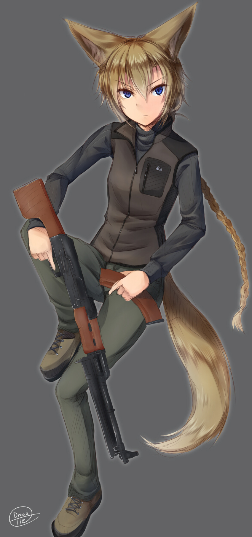 1girl, absurdres, animal_ears, blue_eyes, boots, braid, brown_hair, dreadtie, fox_ears, fox_tail, gun, highres, long_hair, machine_gun, original, rpk, rpk-74, short_hair, solo, svetlana_nestorovna_sorokina, tail, vest, weapon