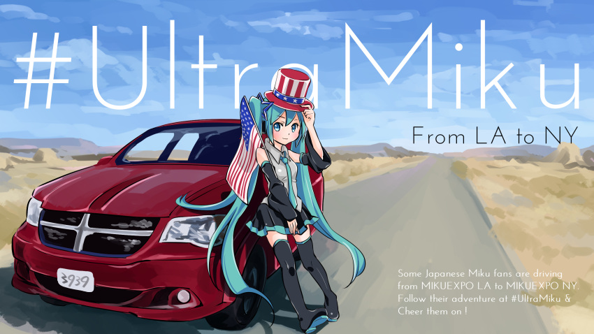 1girl, 39, american_flag, aqua_eyes, aqua_hair, boots, car, detached_sleeves