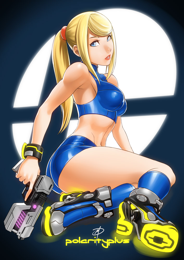 1girl, alternate_costume, crop_top, daniel_macgregor, gun, metroid, midriff, samus_aran