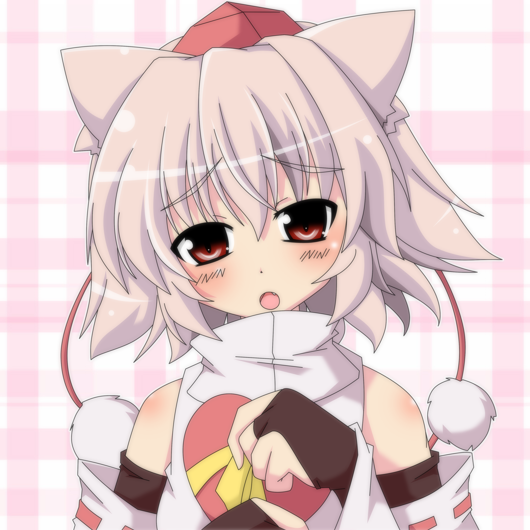 1girl, animal_ears, bare_shoulders, blush, detached_sleeves, fang, fingerless_gloves, gift