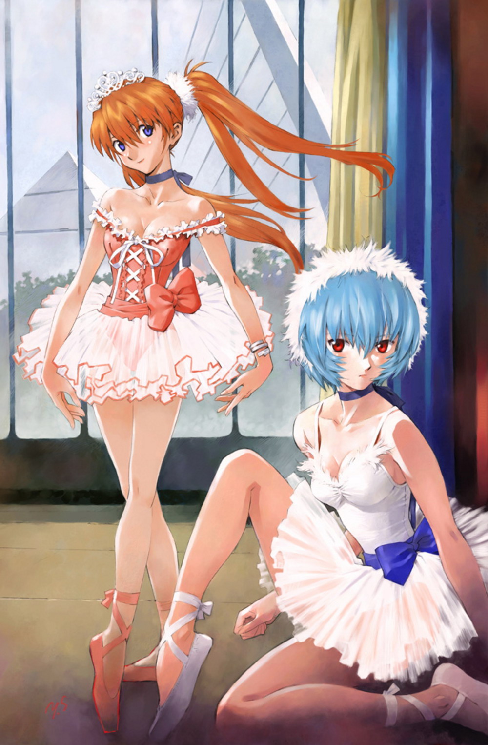 ayanami_rei, ballerina, ballet, ballet_slippers, bare_legs, bare_shoulders, blue_hair, breasts