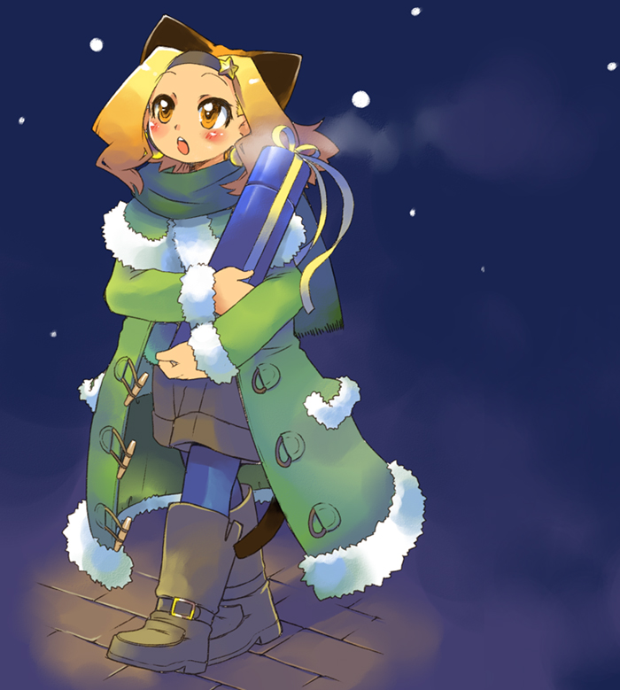 amber_eyes, animal_ears, blonde_hair, boots, cat_ears, coat, dangan, muta_ninini
