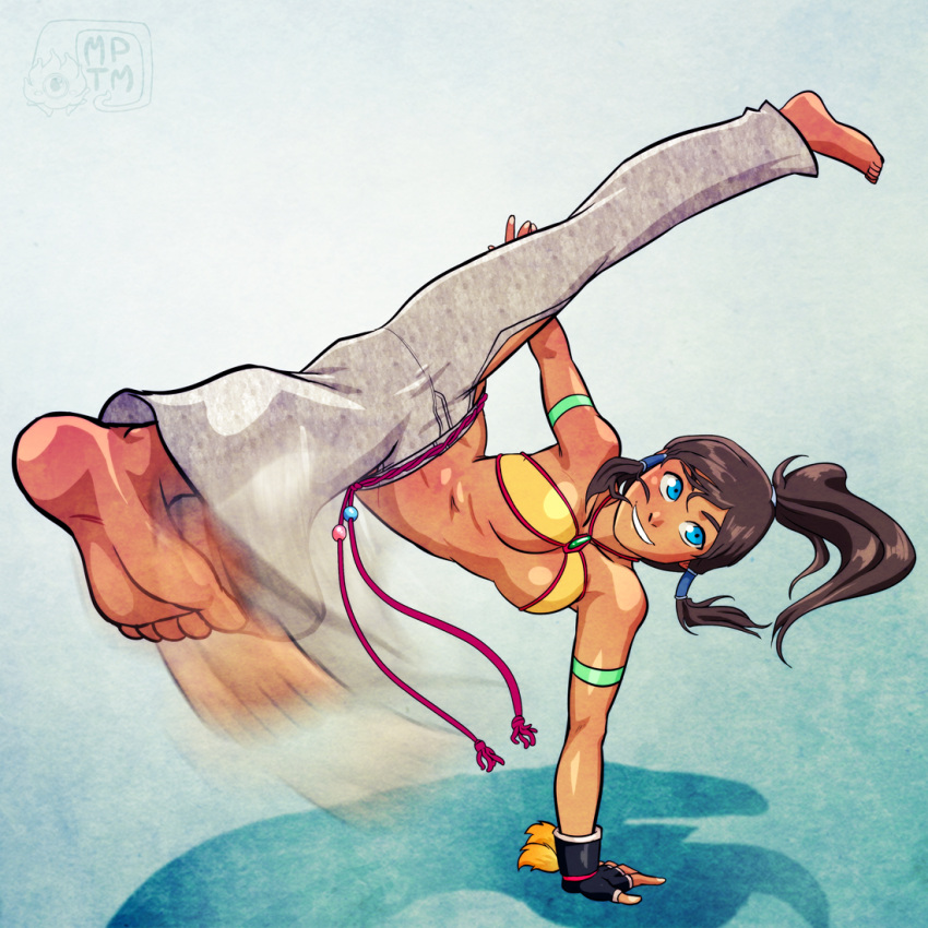 1girl, armband, avatar_legends, barefoot, black_hair, blue_eyes, breasts, capoeira