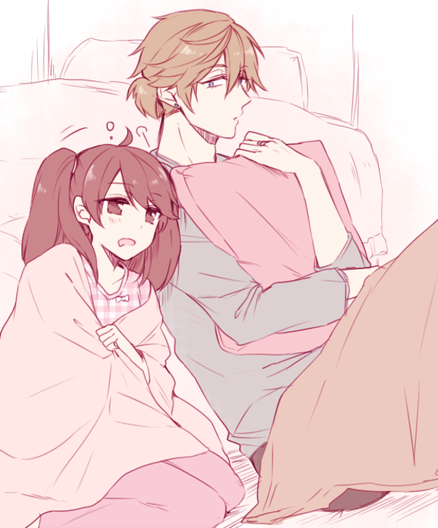 1boy, 1girl, admiral_(kantai_collection), alternate_costume, bed, blanket, brown_eyes, brown_hair
