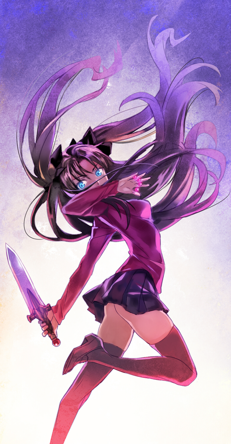 1girl, azoth_knife, black_hair, black_legwear, blue_eyes, fate/stay_night, fate_(series), hair_ribbon, highres, long_hair, long_sleeves, looking_at_viewer, matsuryuu, ribbon, skirt, solo, sweater, thigh-highs, tohsaka_rin, toosaka_rin, twintails, two_side_up, zettai_ryouiki