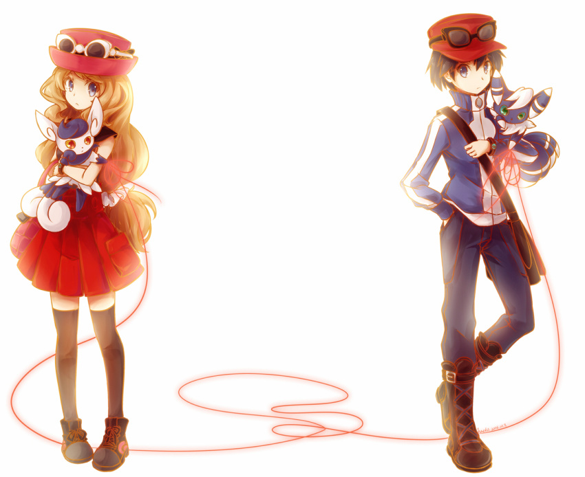 1boy, 1girl, black_hair, black_legwear, boots, brown_hair, calme_(pokemon), grey_eyes