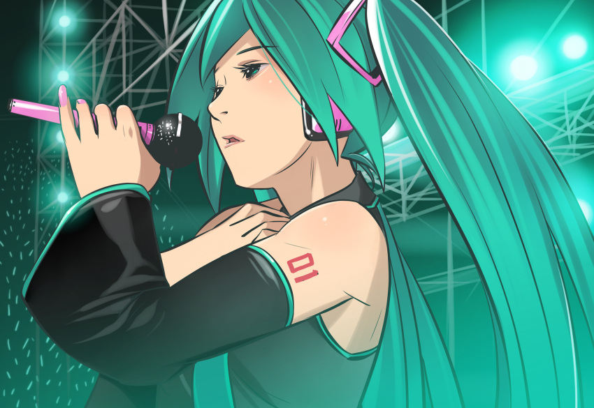 detached_sleeves, fingernails, green_eyes, green_hair, hands, hatsune_miku, headphones, highres