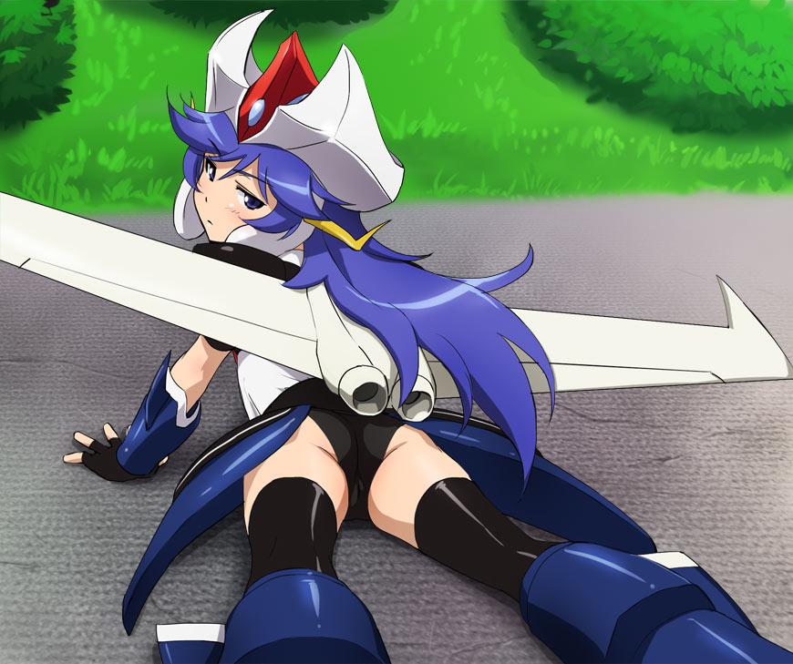 1girl, black_legwear, blue_eyes, blue_hair, gloves, grass, gre-chan, haruyama_kazunori