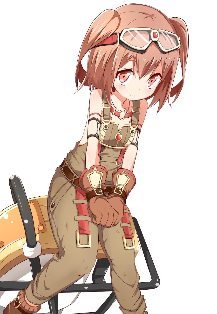 1girl, armlet, bare_shoulders, beize_(garbage), brown_eyes, brown_hair, gloves, goggles, goggles_on_head, highres, looking_at_viewer, ole_tower, overalls, rammer_(ole_tower), short_hair, short_twintails, simple_background, smile, solo, twintails