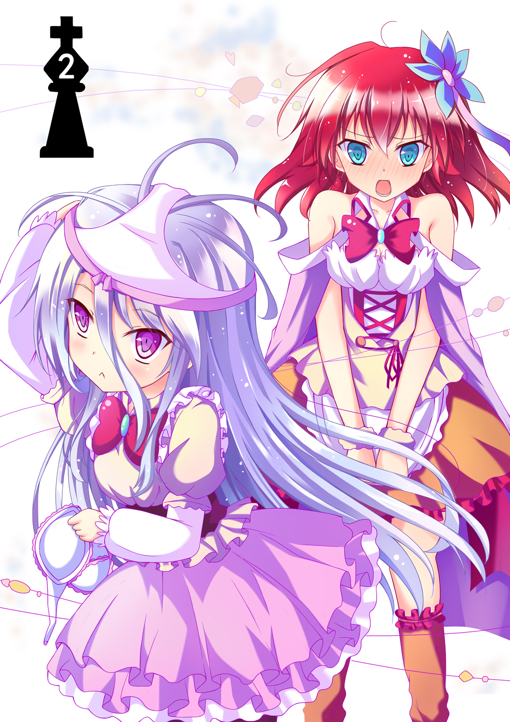 2girls, :<, alternate_costume, blue_eyes, blush, bow, bra, chess_piece, clothes_theft, dress, feijitian, flower, frilled_dress, frills, full-face_blush, hair_flower, hair_ornament, highres, long_hair, multiple_girls, no_game_no_life, object_on_head, panties, panties_on_head, redhead, shiro_(no_game_no_life), short_hair, silhouette, silver_hair, stephanie_dora, theft, underwear, underwear_on_head, underwear_theft, violet_eyes