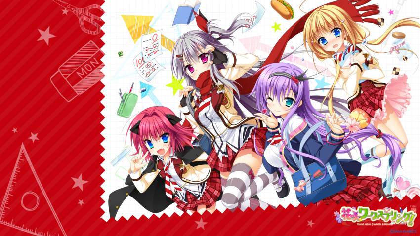 4girls, :d, ;d, blonde_hair, blue_eyes, blush, eraser, fang