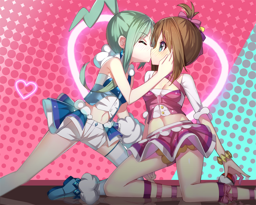blue_eyes, brown_hair, green_hair, haruka_(pokemon), haruka_(pokemon)_(contest), kiss, long_hair, lucia_(pokemon)