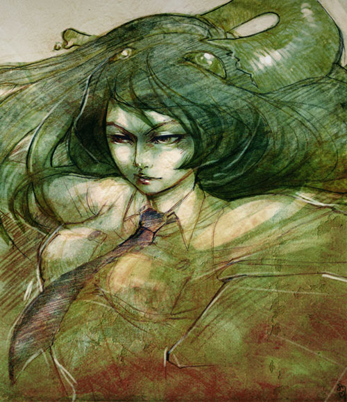 brown_eyes, diana_jakobsson, filia_(skullgirls), filia_(skullkgirls), green_hair, necktie, samson_(skullgirls), skullgirls