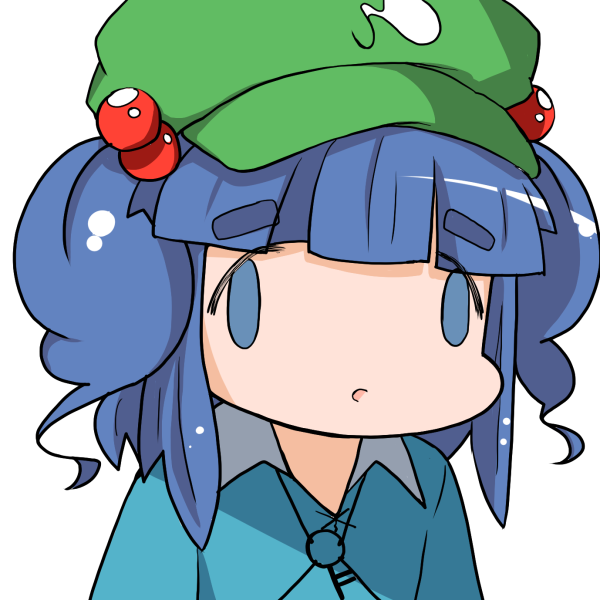 1girl, ai_mai_mii, blue_eyes, blue_hair, blue_shirt, bust, face_of_the_people_who_sank_all_their_money_into_the_fx, flanvia, hair_bobbles, hair_ornament, hat, kawashiro_nitori, key, long_sleeves, open_mouth, parody, shirt, short_hair, simple_background, solo, style_parody, touhou, twintails, white_background