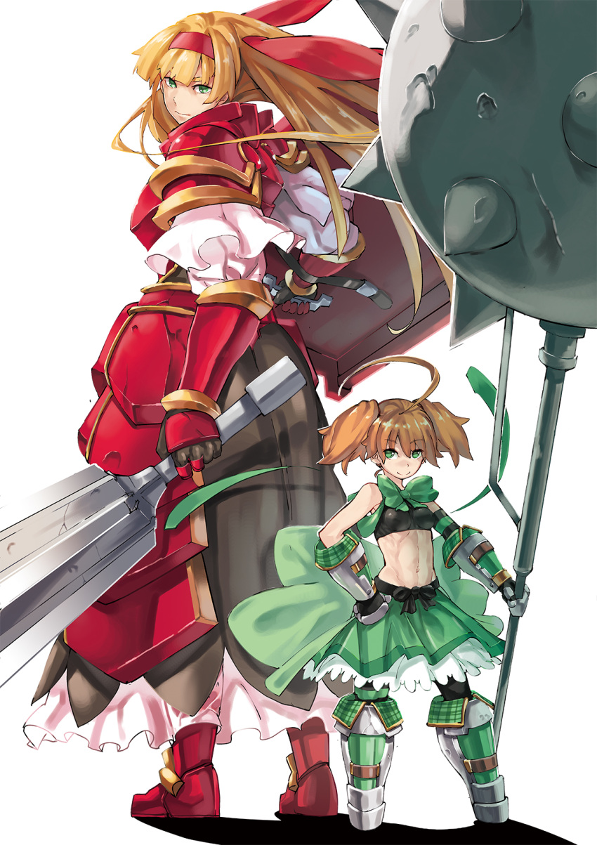 2girls, ahoge, armor, brown_hair, dina_(sennen_sensou_aigis), gauntlets, green_eyes, hand_on_hip