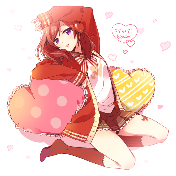 heart, jacket, kneehighs, love_live!_school_idol_project, nishikino_maki, open_clothes, open_jacket, pillow
