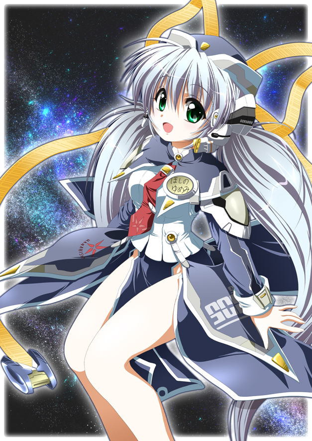 1girl, android, blue_hair, green_eyes, hair_ribbon, hat, hoshino_yumemi, long_hair, necktie, no_panties, planetarian, ribbon, rimurimu, smile, solo, twintails, very_long_hair
