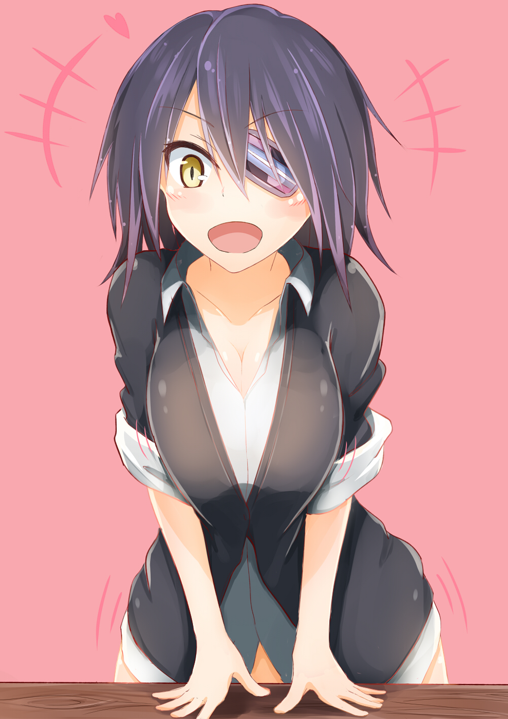 1girl, :d, arm_support, blazer, breasts, eyepatch, hair_between_eyes, happy, highres, kantai_collection, looking_at_viewer, necktie, open_mouth, purple_hair, school_uniform, short_hair, sleeves_rolled_up, smile, suneo, table, tenryuu_(kantai_collection), white_blouse, yellow_eyes