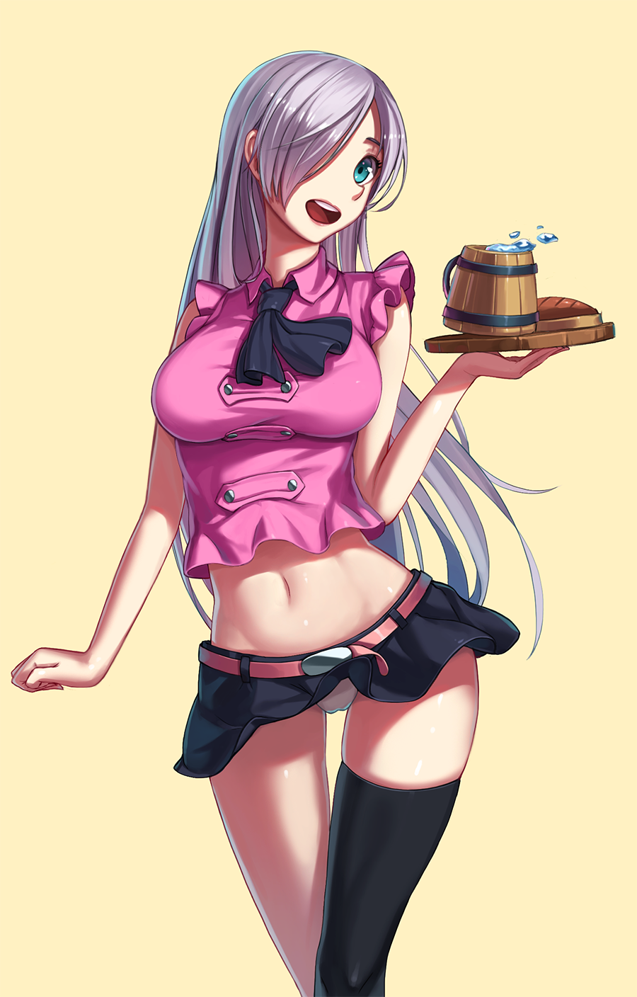 aqua_eyes, black_legwear, bread, elizabeth_liones, food, hair_over_one_eye, highres, lipstick, long_hair, makeup, midriff, miniskirt, nanatsu_no_taizai, navel, nian, open_mouth, panties, pantyshot, silver_hair, single_thighhigh, skirt, sleeveless, tankard, thigh-highs, thigh_gap, tray, underwear, very_long_hair, water, white_panties