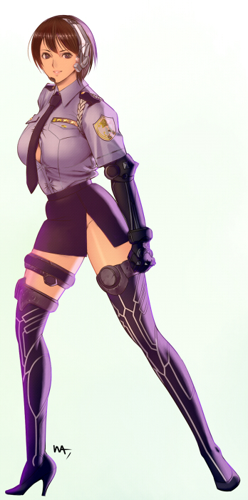 1girl, boots, breasts, brown_hair, epaulettes, full_body, high_heels, large_breasts, lips, looking_at_viewer, necktie, no_panties, original, police, police_uniform, policewoman, science_fiction, short_hair, skirt, solo, thigh-highs, thigh_boots, uniform, wakino_keibun
