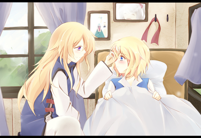 2girls, alice_margatroid, alice_margatroid_(pc-98), bed_sheet, blue_eyes, blue_skirt, blue_sky, blush