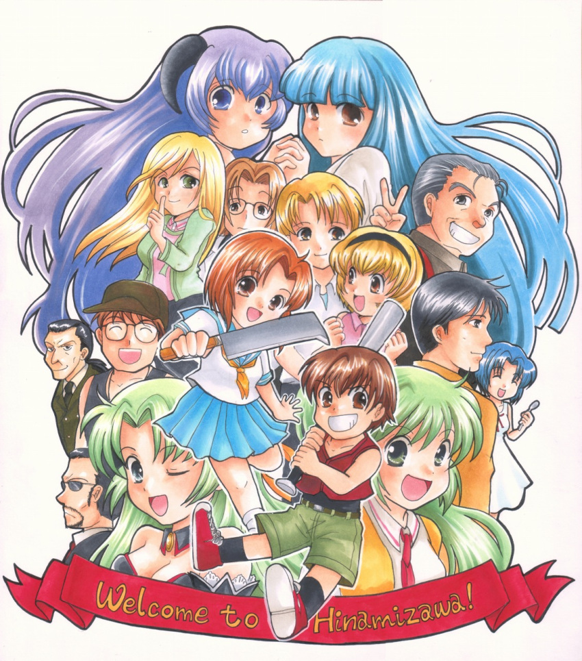 chie_rumiko, everyone, furude_rika, ginta_(pixiv), hanyuu, highres, higurashi_no_naku_koro_ni, houjou_satoko, houjou_satoshi, irie_kyousuke, kasai_tatsuyoshi, maebara_keiichi, marker_(medium), oishi_kuraudo, okonogi_tetsurou, ooishi_kuraudo, ryuuguu_rena, sonozaki_mion, sonozaki_shion, takano_miyo, tomitake_jiro, tomitake_jirou, traditional_media