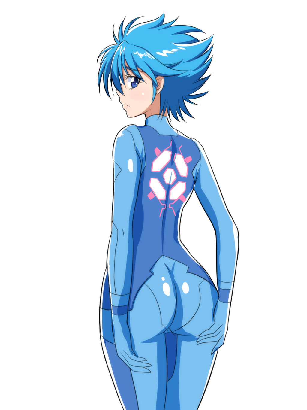 1girl, blue_eyes, blue_hair, blush, bodysuit, cosplay, eyelashes, highres