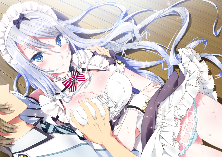 1boy, 1girl, apron, blue_eyes, blush, breast_grab, breasts, cleavage