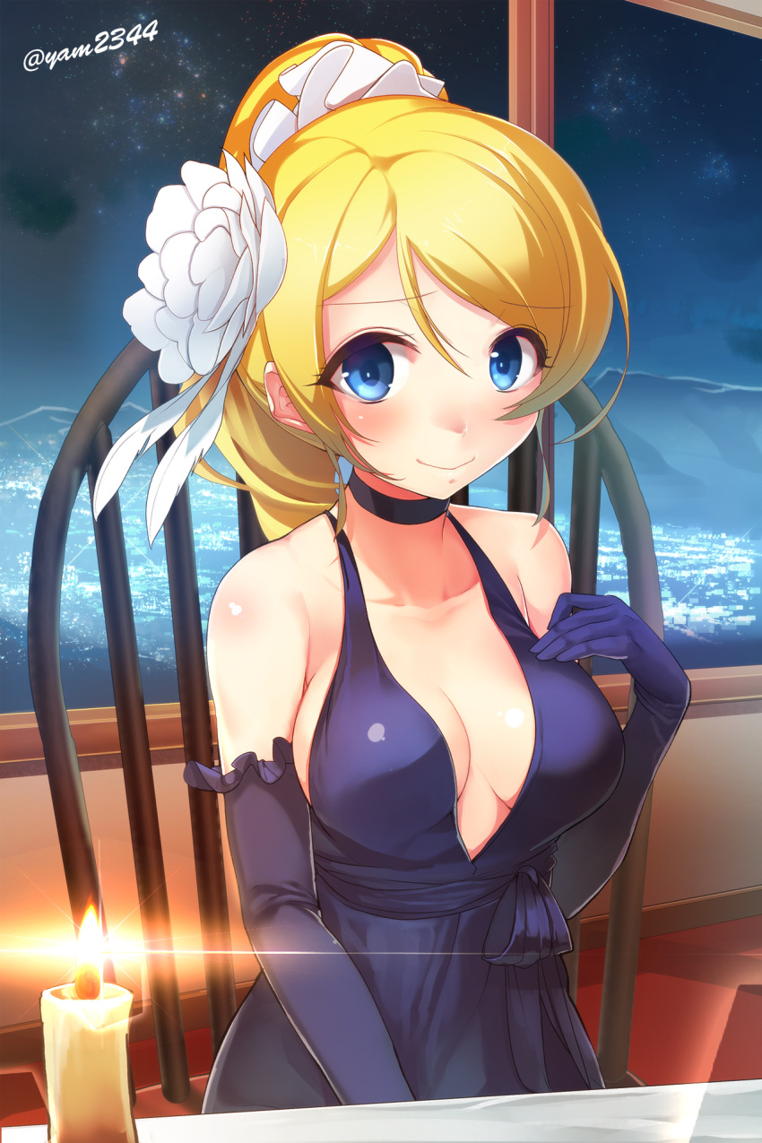 1girl, artist_name, ayase_eli, black_dress, black_gloves, blonde_hair, blue_eyes, blush