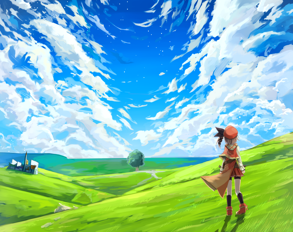 1girl, brown_hair, clouds, grass, hair_ribbon, hat, horizon, lucena_winter