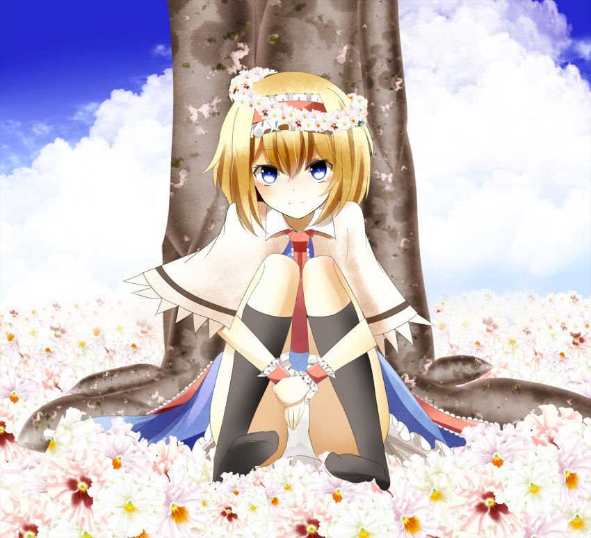 1girl, alice_margatroid, black_legwear, field, flower, flower_field, flower_on_head, hairband