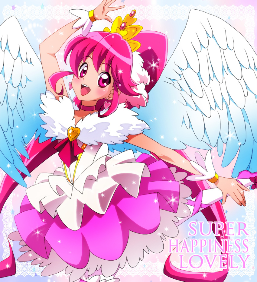 1girl, aino_megumi, angel_wings, arm_up, ballerina, brooch, character_name, choker